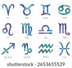 Zodiac symbols vector set, collection of watercolor painted astrology signs. Aries, Taurus, Gemini, Cancer, Leo, Virgo, Libra, Scorpio, Sagittarius, Capricorn, Aquarius, Pisces icons isolated on white