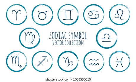 Zodiac symbols vector set, collection of blue hand painted astrology signs on white. Aries, Taurus, Gemini, Cancer, Leo, Virgo, Libra, Scorpio, Sagittarius, Capricorn, Aquarius, Pisces icons isolated.