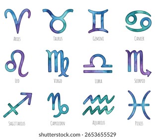 Zodiac symbols vector set, collection of watercolor painted astrology signs. Aries, Taurus, Gemini, Cancer, Leo, Virgo, Libra, Scorpio, Sagittarius, Capricorn, Aquarius, Pisces icons isolated on white