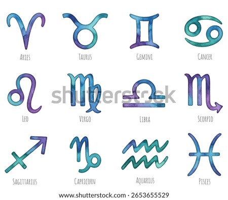 Zodiac symbols vector set, collection of watercolor painted astrology signs. Aries, Taurus, Gemini, Cancer, Leo, Virgo, Libra, Scorpio, Sagittarius, Capricorn, Aquarius, Pisces icons isolated on white