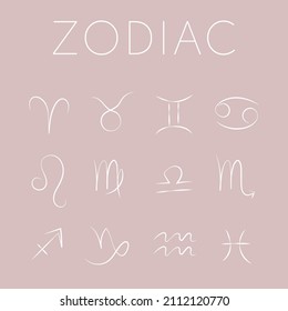 Zodiac symbols. Vector white zodiac icons on beige background. Isolated line drawings