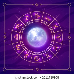 Zodiac symbols wheel glowing signs and moon inside. Astrology prediction banner, poster, card, background in purple colors. Love horoscope template vector illustration