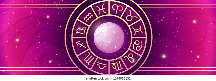 Zodiac symbols wheel on magic colors background. Asrtology prediction horizontal banner. Vector illustration