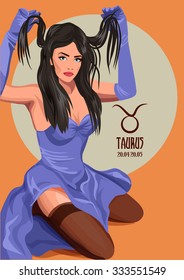 Zodiac: Taurus astrological sign. Illustration with portrait of a pin up girl. 