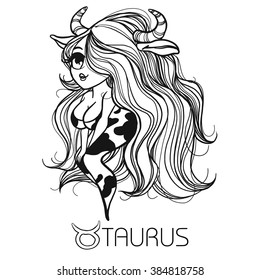 Zodiac: TAURUS astrological sign.  Vector illustration of a chibi character. Zodiac: manga and anime style. Zodiac:drawing isolated on white. Design zodiac for coloring book page for adults and kids.