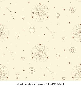 Zodiac Taurus Background Seamless Pattern. Mystic Spiritual Astrology Signs