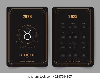 Zodiac taurus calendar 2023. Pocket size. Front and back sides. Week starts on sunday. Astrological vector template ready to print. Vertical layout in English with horoscope sign.