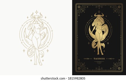 Zodiac taurus girl horoscope línea de señas silhouette diseño vector ilustración. Símbolo dorado con marco para la plantilla o afiche de la tarjeta de astrología femenina.