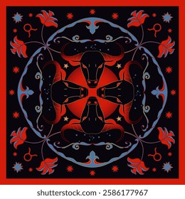 Zodiac Taurus Sagittarius Neck Scarf. Vector Astrology Design for Neckerchief, Carpet, Kerchief, Bandana, Shawl, or Tablecloth