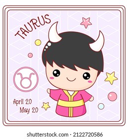 Zodiac Taurus sign character in kawaii style. Cute chibi little girl in kimono. Square card with Zodiac symbol, date of birth and cartoon baby girl. Vector illustration EPS8