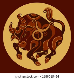 Zodiac Taurus stylization art for merchandise, posters or apparel design. Taurus zodiac vector illustration on gold-brown background. Astrological horoscope sign.