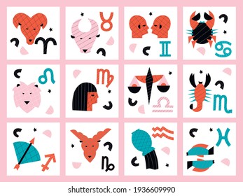 Zodiac vector abstract cartoon illustration set. Constellation abstract illustration.