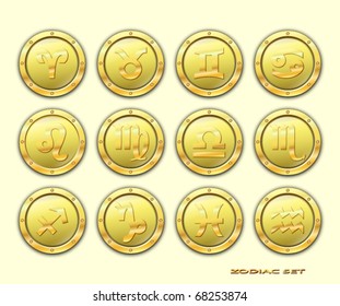 Zodiac vector icons on a yellow background.