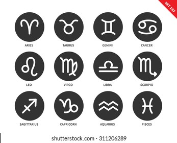 Zodiac vector icons set. Astrology and fortunetelling concept, aries, taurus, gemini, cancer, leo, virgo, libra, scorpio, sagittarius, capricorn, aquarius and pisces. Isolated on white background