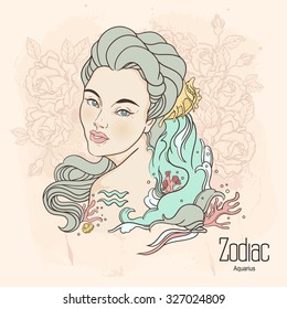 Zodiac. Vector illustration of Aquarius as girl with flowers. Design for coloring book page.