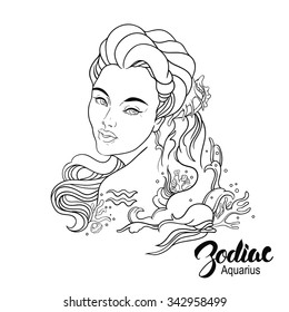 Zodiac. Vector illustration of Aquarius as girl with flowers. Isolated on white background.