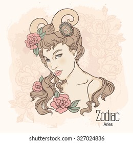 Zodiac. Vector illustration of Aries as girl with flowers. Design for coloring book page.