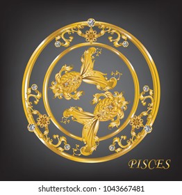 Zodiac, vector illustration of the astrological sign of pisces as a golden fishes in a round frame  