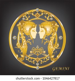Zodiac, vector illustration of the astrological sign of ?Gemini as two angel faces in round frame decorate with golden vintage Victorian metal elements and diamonds.