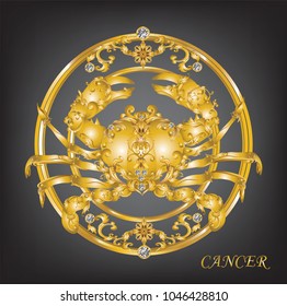 Zodiac, vector illustration of the astrological sign of Cancer as a golden  Crab in round frame decorate with vintage Victorian metal elements.