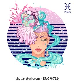 Zodiac. Vector illustration of the astrological sign of Pisces as a beautiful fashion girl in hat. Sign inscribed in a round shape isolated on white background. Fashion woman