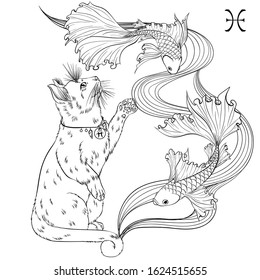 Zodiac. Vector illustration of the astrological sign of Pisces as a cat standing on two hind legs. Line art template suitable for coloring book page. Print isolated on white background