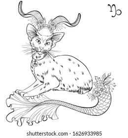 Zodiac. Vector illustration of the astrological sign of Capricorn as a Oriental cat breed. Line art template suitable for coloring book page. Print isolated on white background