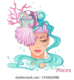 Zodiac. Vector illustration of the astrological sign of Pisces as a beautiful fashion girl in hat. Sign in hand drawn style isolated on white background. Fashion glamour woman