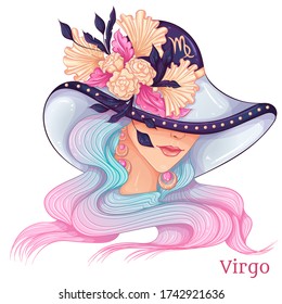 Zodiac. Vector illustration of the astrological sign of Virgo as a beautiful fashion girl in hat. Sign in hand drawn style isolated on white background. Fashion glamour woman