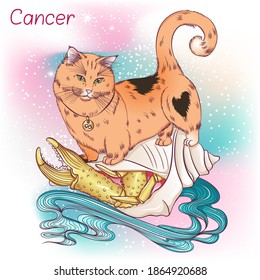 Zodiac. Vector illustration of the astrological sign of Cancer as a breed Munchkin cat looking down. Astrological horoscope element. Astrology concept art