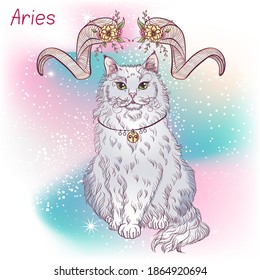 Zodiaco. Ilustración vectorial de la señal astrológica de Aries como una raza de gato sentado Laperm. Elemento de horoscopio astrológico. Arte conceptual de la astrología