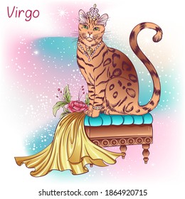 Zodiac. Vector illustration of the astrological sign of Virgo as a Bengal cat in jewelry sitting on a ottoman. Astrological horoscope element. Astrology concept art