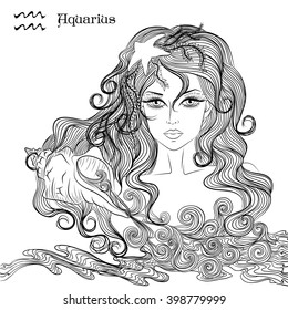Zodiac. Vector illustration of the astrological sign of Aquarius as a beautiful girl with long hair. Line art for coloring book page