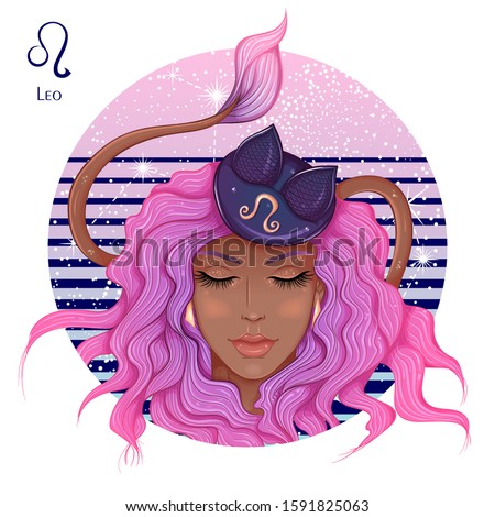 Zodiac. Vector illustration of the astrological sign of Leo as a beautiful fashion African American girl in hat. Sign inscribed in a round shape isolated on white background. Fashion woman