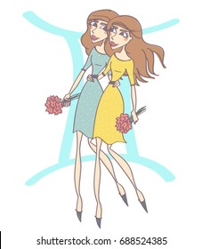 Zodiac vector illustration of beautiful Gemini girls with horoscope symbol, isolated on white background.