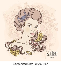 Zodiac. Vector illustration of Cancer as girl with flowers. Design for coloring book page.