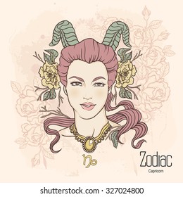 Zodiac. Vector illustration of Capricorn as girl with flowers. Design for coloring book page.