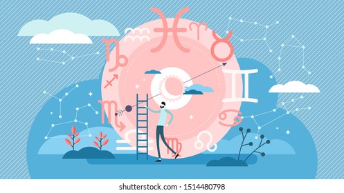 Zodiac vector illustration. Flat tiny astrology star symbols persons concept. Abstract traditional horoscope signs. Astronomical space planet position year collection with celestial coordinate system.