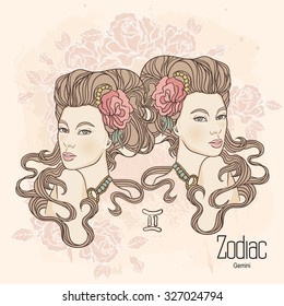 Zodiac. Vector illustration of Gemini as girl with flowers. Design for coloring book page.