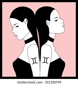 Zodiac. Vector illustration of Gemini as two girls. Isolated on white background.