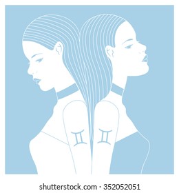 Zodiac. Vector illustration of Gemini as two girls. Isolated on light blue background.