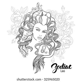 Zodiac. Vector illustration of Leo as girl with flowers. Design for coloring book page.