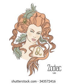 Zodiac. Vector illustration of Leo as girl with flowers. Isolated on white background.