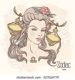 Zodiac. Vector illustration of Libra as girl with flowers. Design for coloring book page.