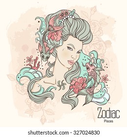 Zodiac. Vector illustration of Pisces as girl with flowers. Design for coloring book page.