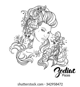 Zodiac. Vector illustration of Pisces as girl with flowers. Isolated on white background.