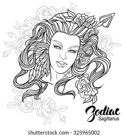 Zodiac. Vector illustration of Sagittarius as girl with flowers. Design for coloring book page.