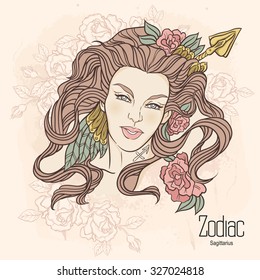 Zodiac. Vector illustration of Sagittarius as girl with flowers. Design for coloring book page.