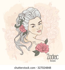 Zodiac. Vector illustration of Scorpio as girl with flowers. Design for coloring book page.