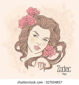 Zodiac. Vector illustration of Virgo as girl with flowers. Design for coloring book page.